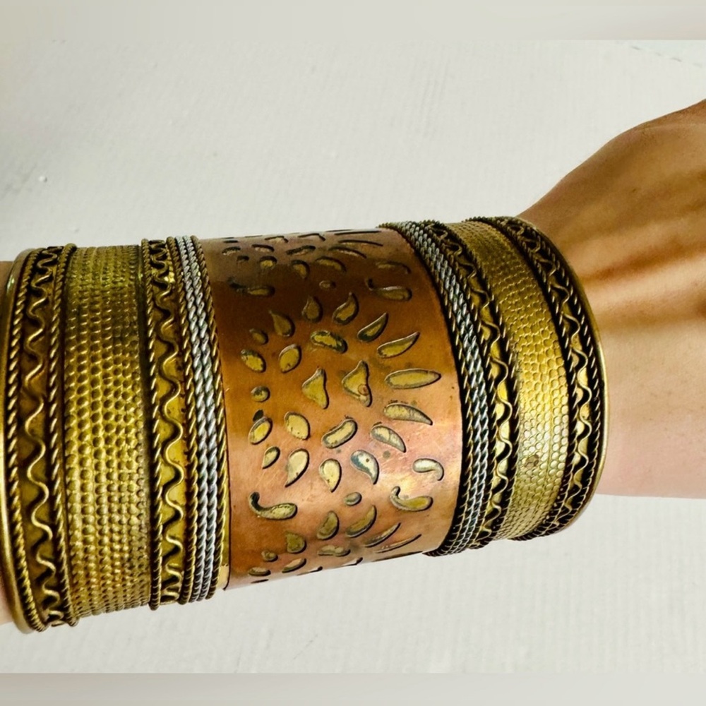 Vintage Handmade Bohemian Brass and Copper Celestial  Cuff Bracelet